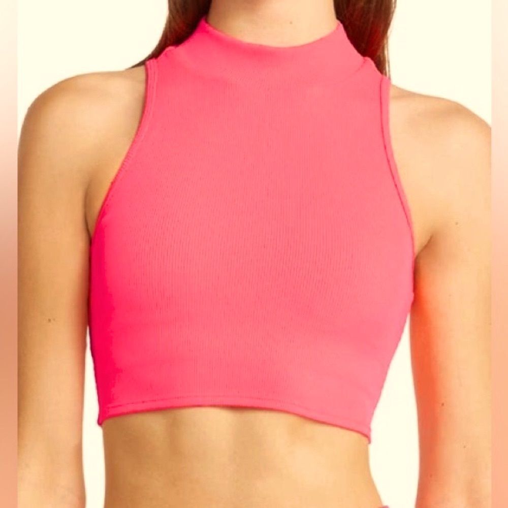 ALO YOGA Goddess Rib Cropped Dynamite ribbed mock neck Tank fluorescent coral xs